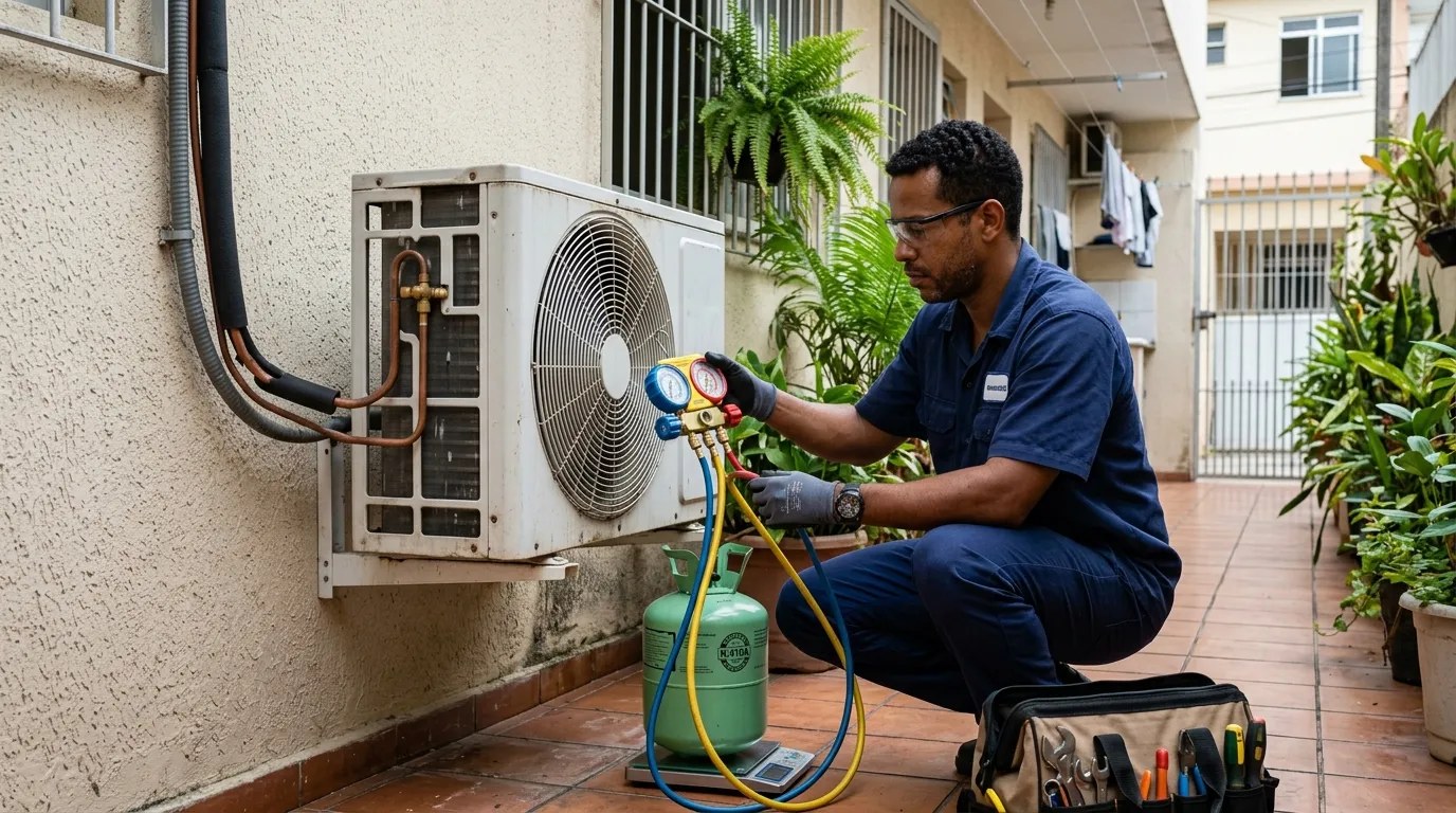 Técnico fazendo carga de gás na condensadora do ar-condicionado em Uberaba‑MG