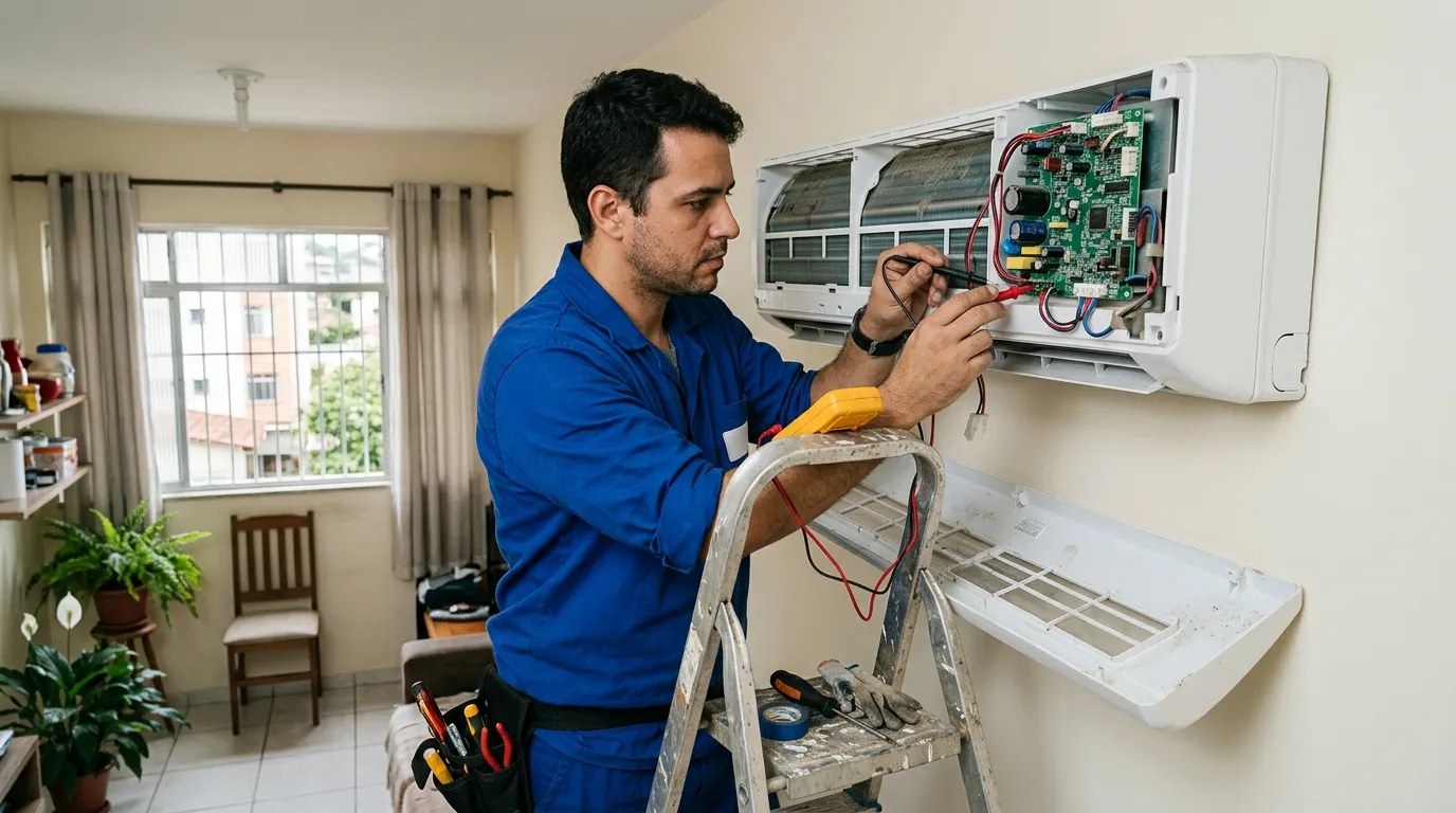 Técnico trocando a placa eletrônica de ar-condicionado split em Uberaba‑MG