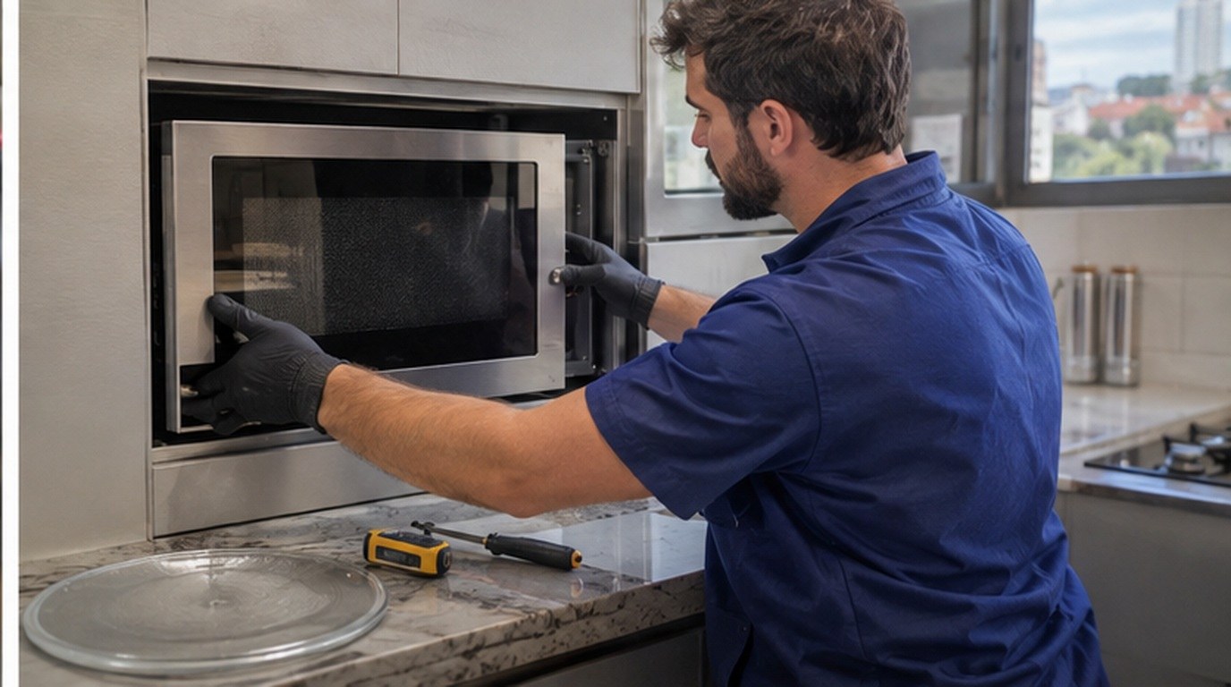 Conserto de micro-ondas de embutir em Uberaba‑MG: técnico encaixando o aparelho no armário