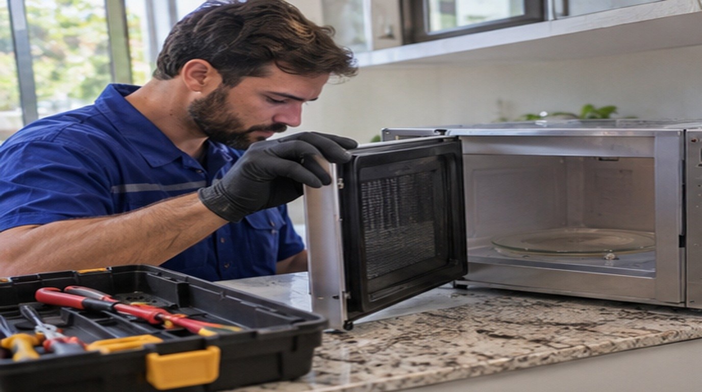 Conserto de micro-ondas em Uberaba‑MG: técnico abrindo um micro-ondas de bancada