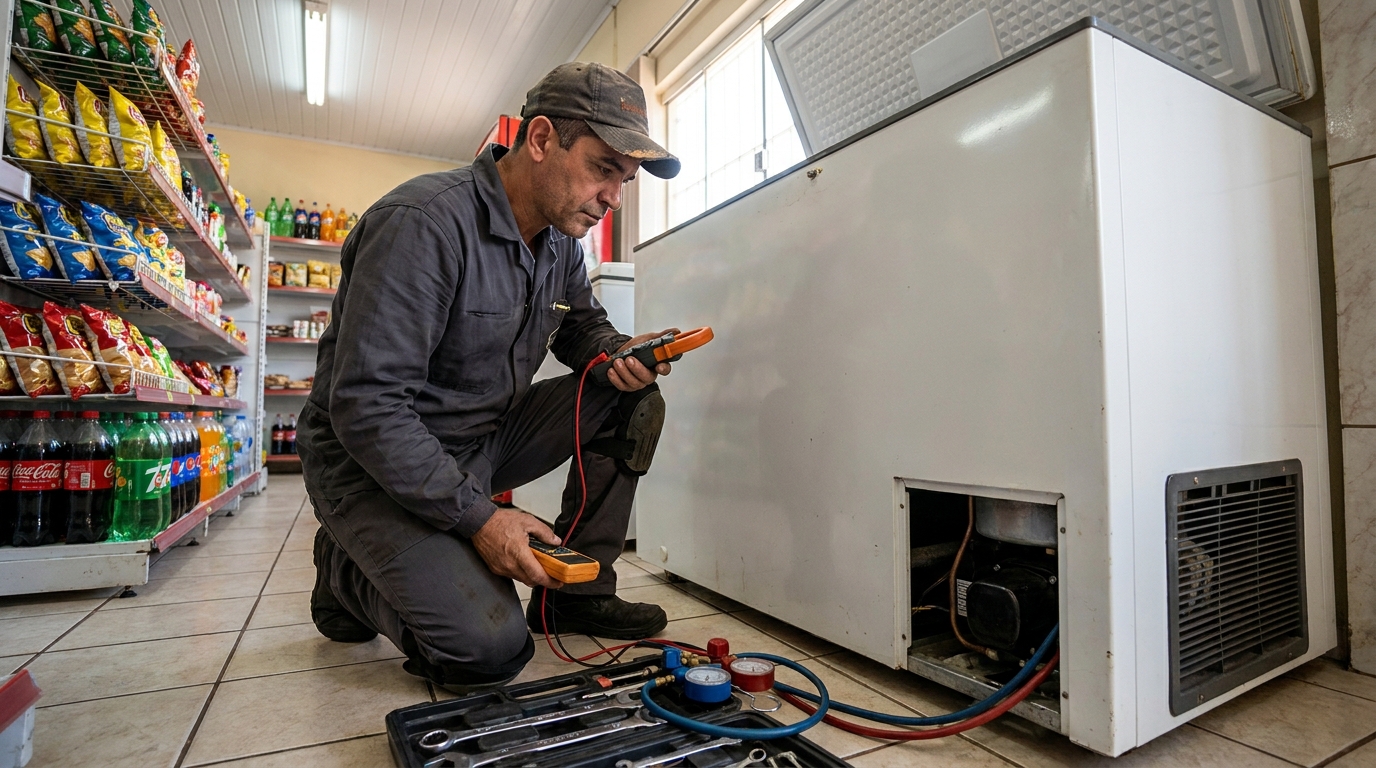 Reparo da placa eletrônica de um freezer em atendimento em Uberaba‑MG
