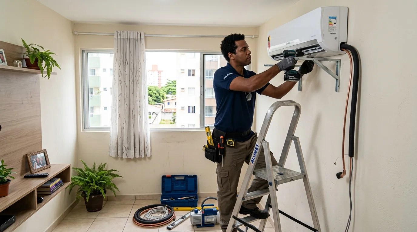 Técnico instalando ar-condicionado split em residência em Uberaba‑MG