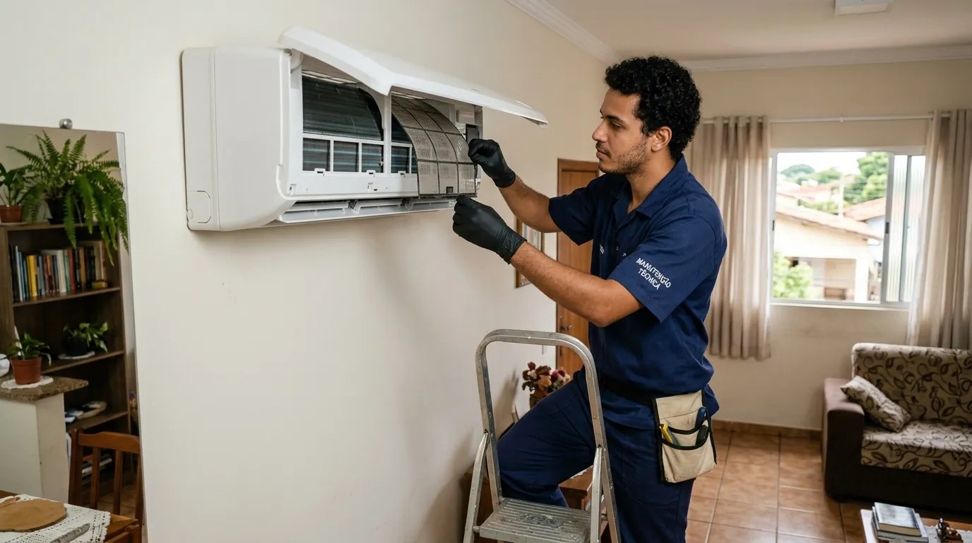 Técnico fazendo limpeza e higienização de ar-condicionado split em Uberaba‑MG