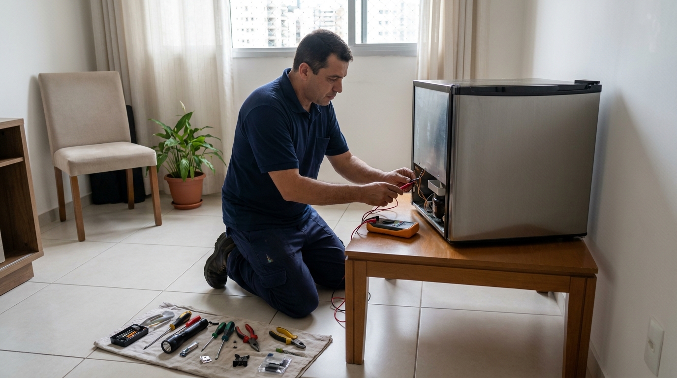 Técnico revisando o motor de um frigobar no Centro, Uberaba‑MG