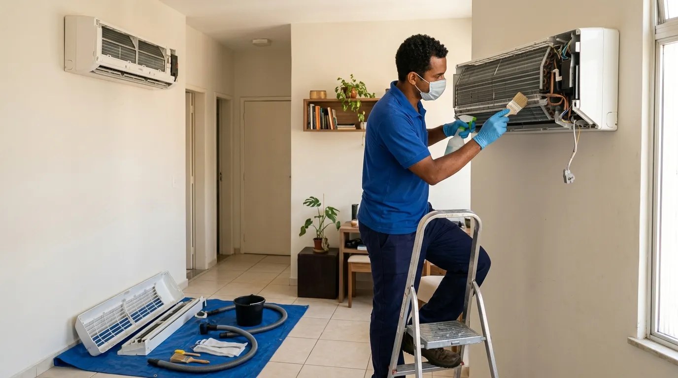 Técnico fazendo manutenção de ar-condicionado split em Uberaba‑MG
